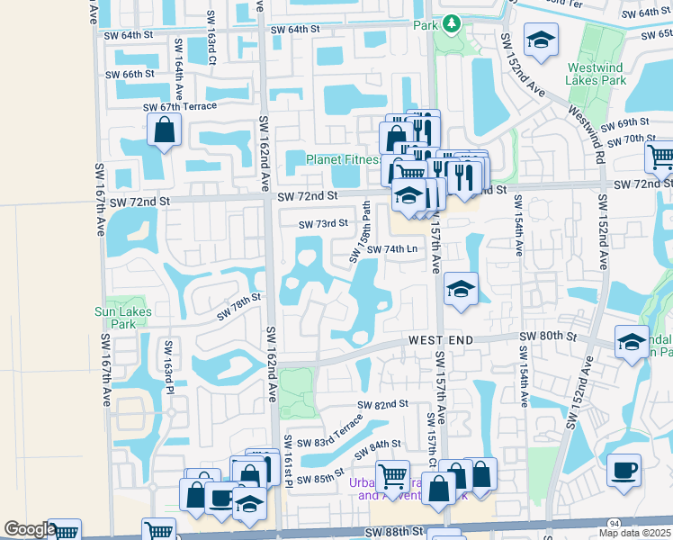 map of restaurants, bars, coffee shops, grocery stores, and more near 7668 Southwest 160th Avenue in Miami
