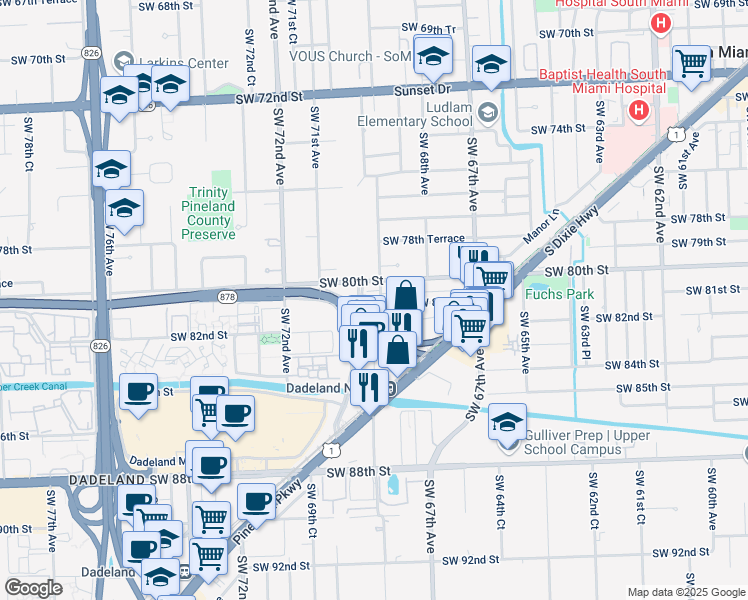 map of restaurants, bars, coffee shops, grocery stores, and more near 8105 Southwest 70th Avenue in Miami
