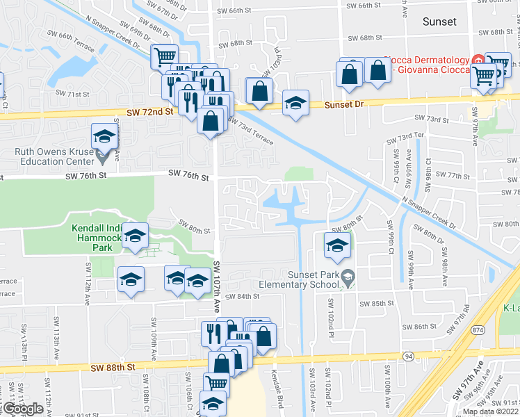 map of restaurants, bars, coffee shops, grocery stores, and more near 10509 Southwest 78th Street in Miami