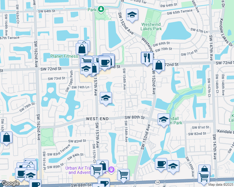 map of restaurants, bars, coffee shops, grocery stores, and more near 15411 Southwest 77th Circle Lane in Miami