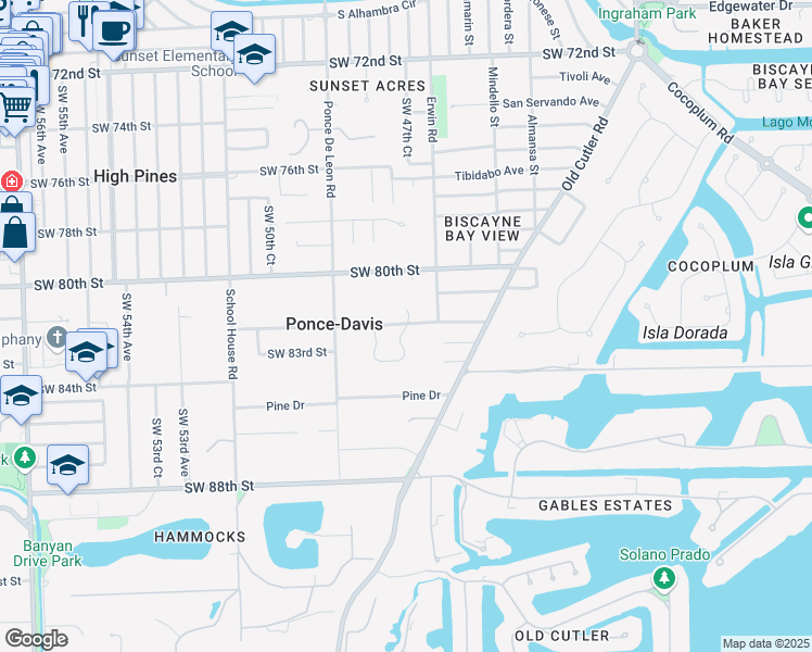 map of restaurants, bars, coffee shops, grocery stores, and more near 5890 Southwest 48th Avenue East in Miami