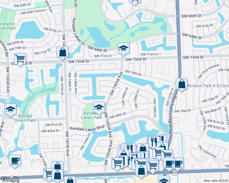 map of restaurants, bars, coffee shops, grocery stores, and more near 7621 Southwest 142nd Avenue in Miami