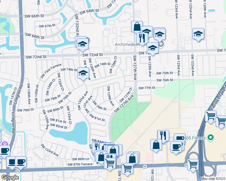 map of restaurants, bars, coffee shops, grocery stores, and more near 7702 Southwest 128th Place in Miami