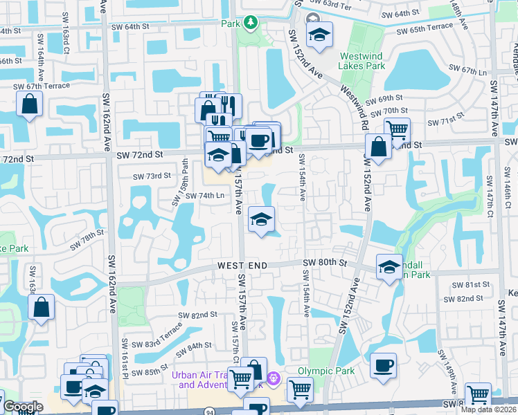 map of restaurants, bars, coffee shops, grocery stores, and more near 63 Southwest 77th Circle Drive in Miami