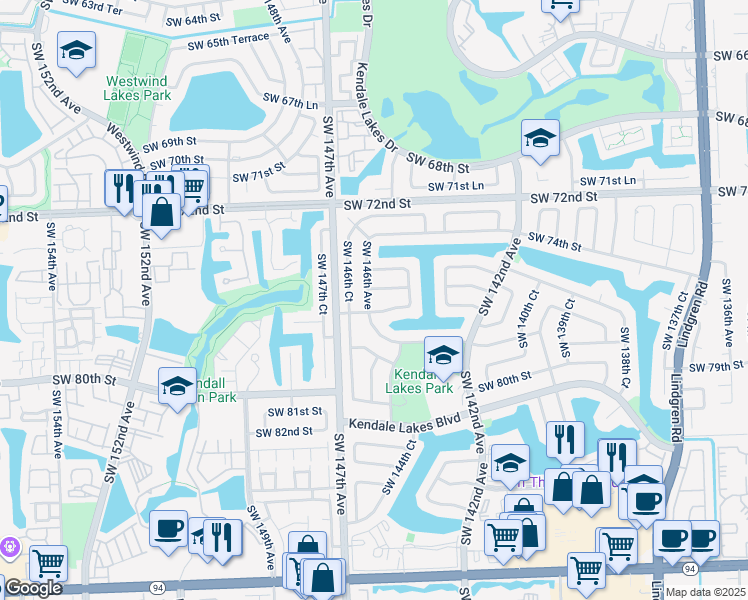 map of restaurants, bars, coffee shops, grocery stores, and more near 14550 Southwest 77th Street in Miami