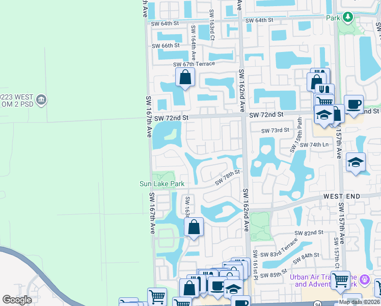map of restaurants, bars, coffee shops, grocery stores, and more near 16373 Southwest 76th Street in Miami