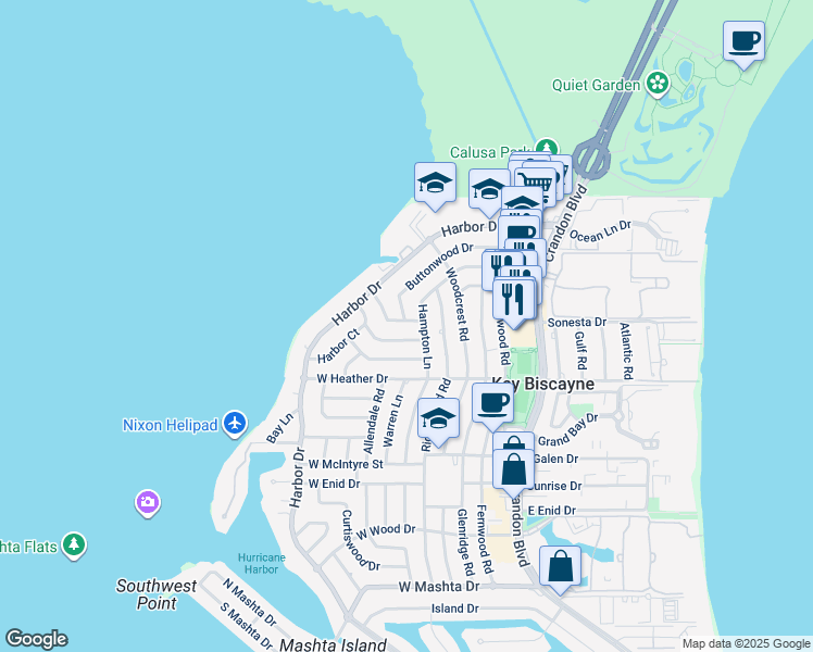 map of restaurants, bars, coffee shops, grocery stores, and more near 255 Hampton Lane in Key Biscayne