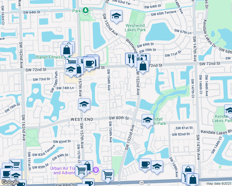 map of restaurants, bars, coffee shops, grocery stores, and more near 7450 Southwest 153rd Place in Miami