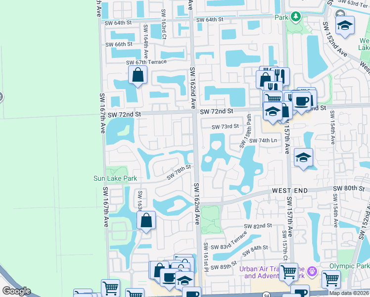 map of restaurants, bars, coffee shops, grocery stores, and more near 16236 Southwest 75th Street in Miami