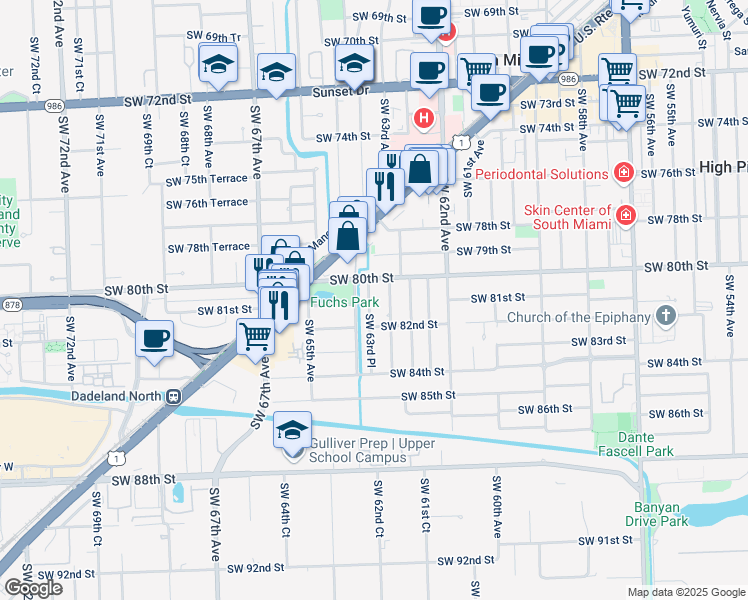 map of restaurants, bars, coffee shops, grocery stores, and more near 6333 Southwest 80th Street in Miami
