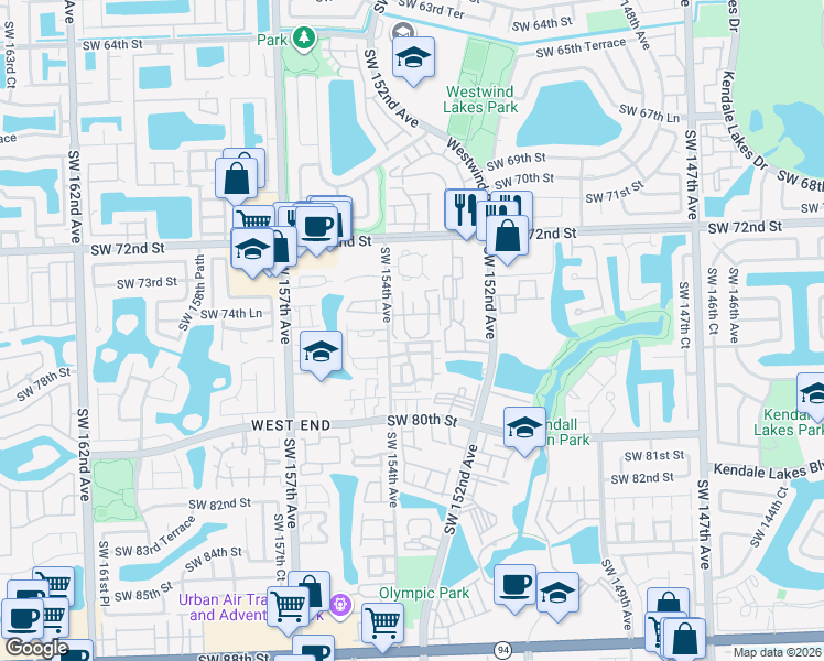 map of restaurants, bars, coffee shops, grocery stores, and more near 7450 Southwest 153rd Place in Miami