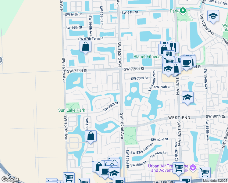 map of restaurants, bars, coffee shops, grocery stores, and more near 7435 Southwest 162nd Place in Miami