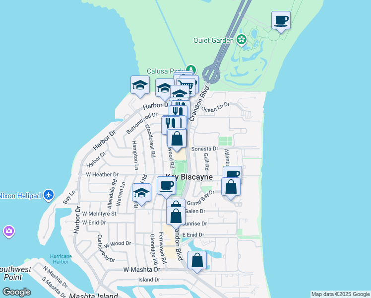 map of restaurants, bars, coffee shops, grocery stores, and more near 260 Crandon Boulevard in Key Biscayne