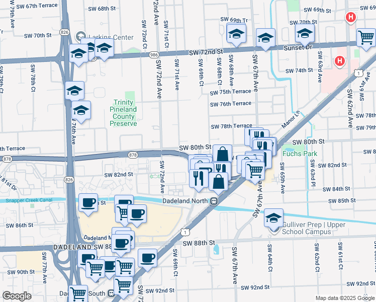 map of restaurants, bars, coffee shops, grocery stores, and more near 7040 Southwest 79th Terrace in Miami