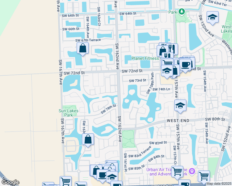 map of restaurants, bars, coffee shops, grocery stores, and more near 7435 Southwest 162nd Place in Miami