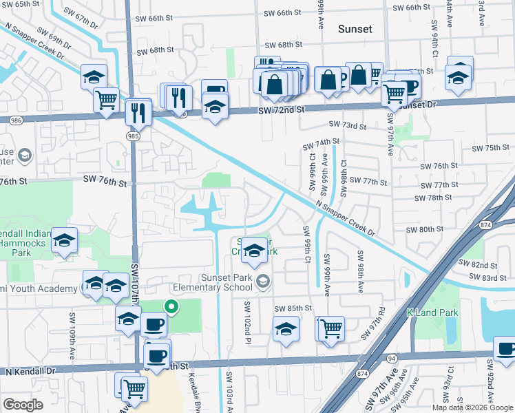 map of restaurants, bars, coffee shops, grocery stores, and more near 7763 Southwest 102nd Place in Miami