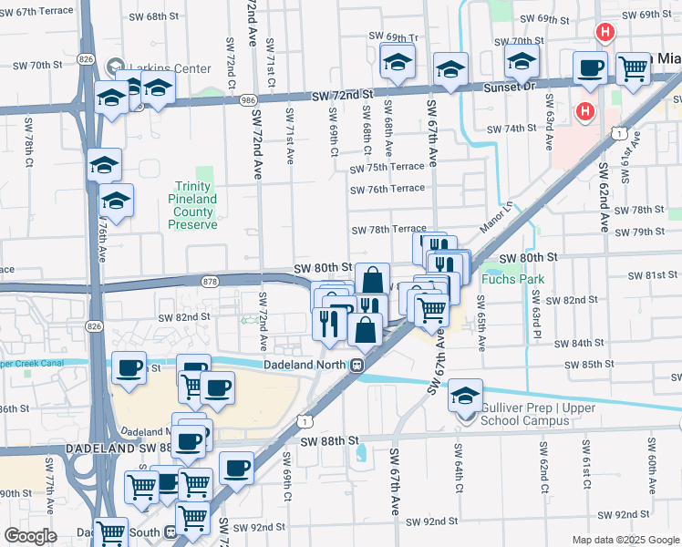 map of restaurants, bars, coffee shops, grocery stores, and more near 6925 Southwest 80th Street in Miami