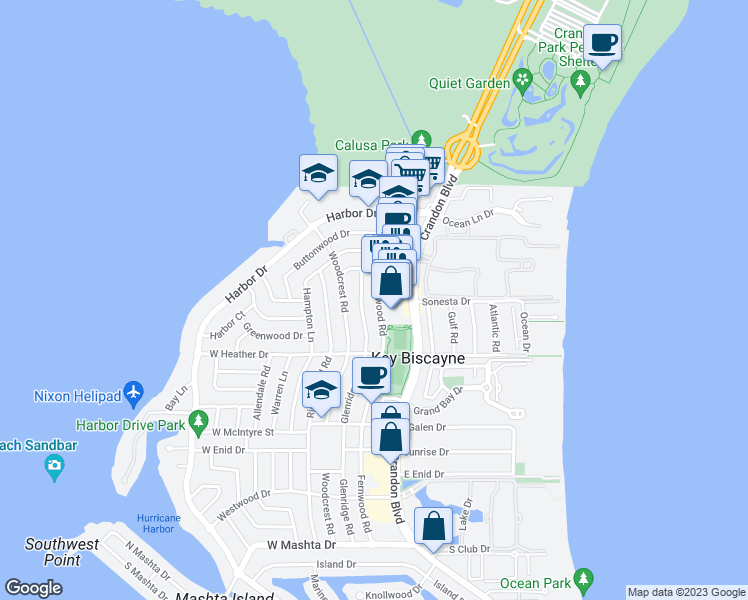 map of restaurants, bars, coffee shops, grocery stores, and more near 290 Fernwood Road in Key Biscayne