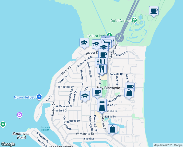 map of restaurants, bars, coffee shops, grocery stores, and more near 265 Woodcrest Road in Key Biscayne