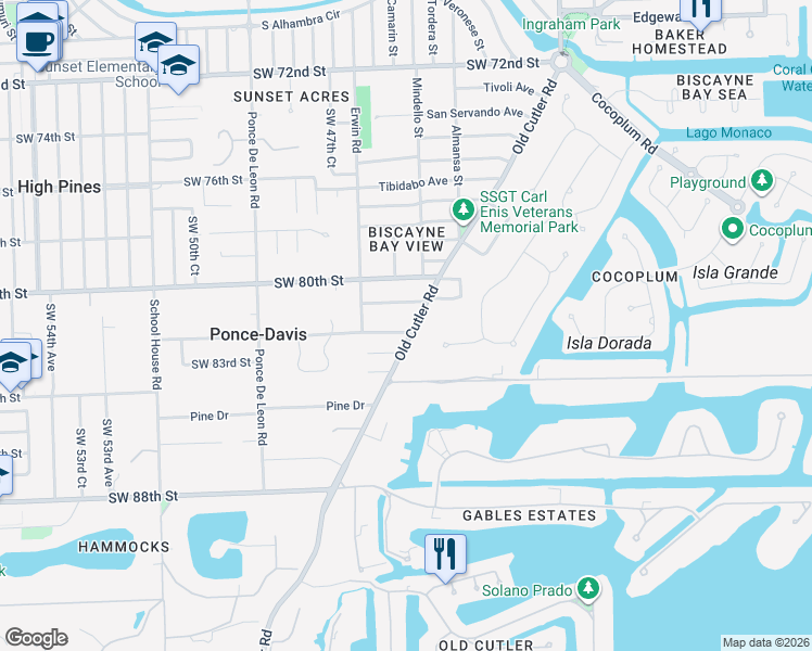 map of restaurants, bars, coffee shops, grocery stores, and more near 8150 Old Cutler Road in Coral Gables