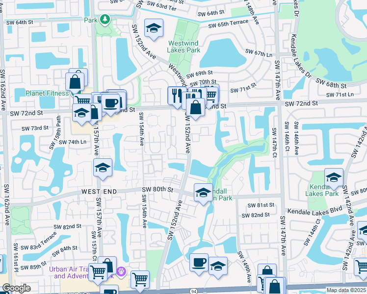 map of restaurants, bars, coffee shops, grocery stores, and more near 7510 Southwest 152nd Avenue in Miami