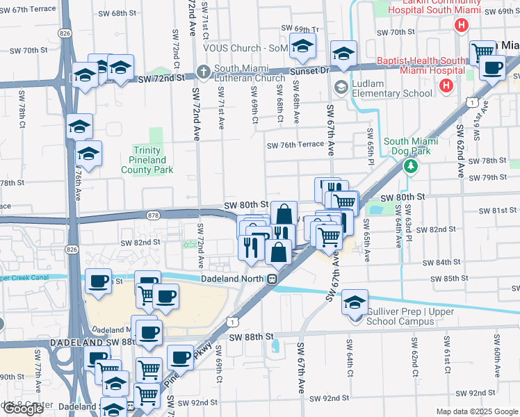 map of restaurants, bars, coffee shops, grocery stores, and more near 6925 Southwest 80th Street in Miami