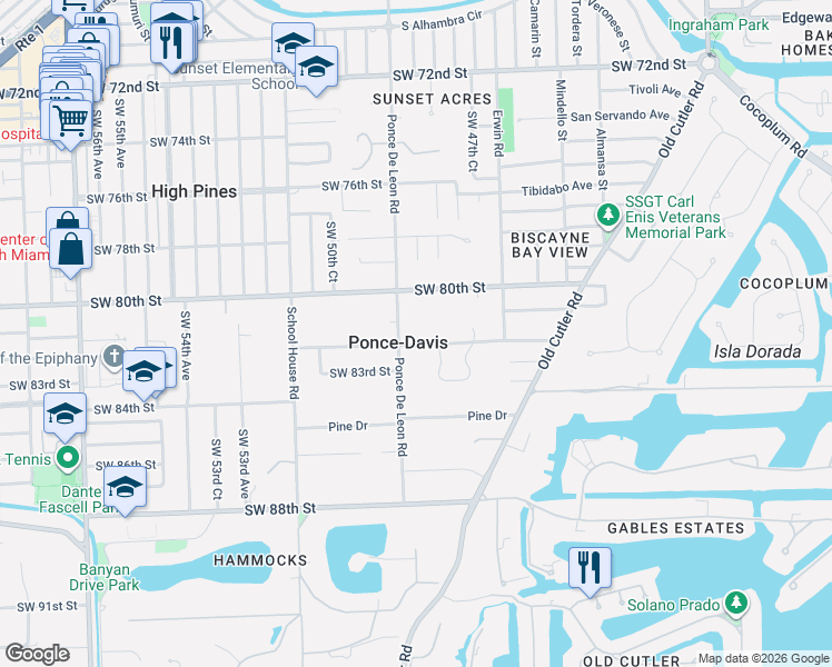 map of restaurants, bars, coffee shops, grocery stores, and more near 4896 Southwest 80th Street in Miami