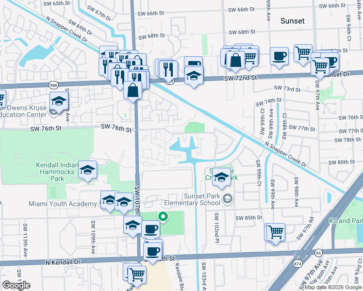 map of restaurants, bars, coffee shops, grocery stores, and more near 7603 Southwest 105th Avenue in Miami