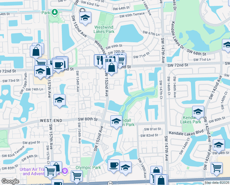 map of restaurants, bars, coffee shops, grocery stores, and more near 7429 Southwest 152nd Avenue in Miami