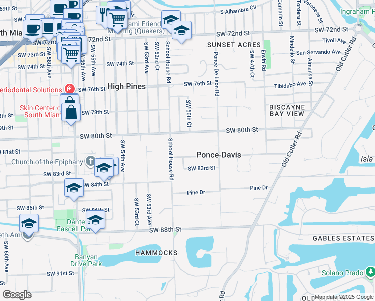 map of restaurants, bars, coffee shops, grocery stores, and more near 5030 Southwest 80th Street in Miami