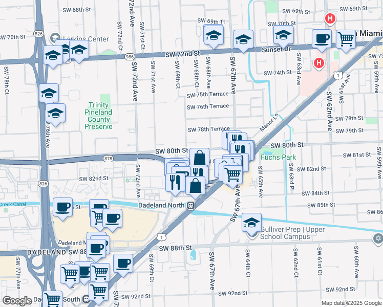 map of restaurants, bars, coffee shops, grocery stores, and more near 6925 Southwest 80th Street in Miami