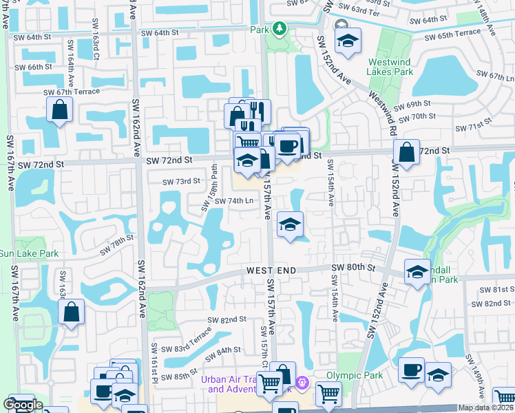 map of restaurants, bars, coffee shops, grocery stores, and more near 7431 Southwest 157th Court in Miami