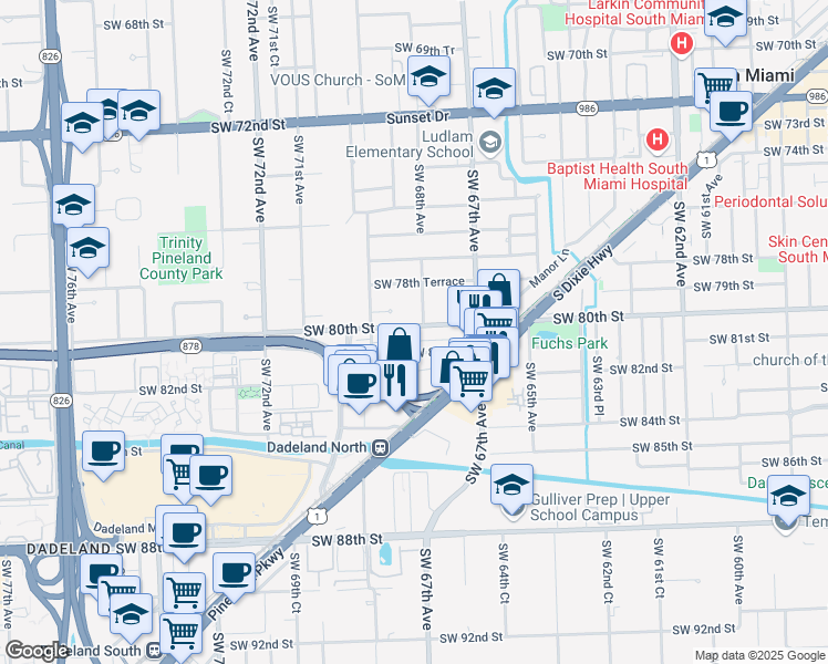 map of restaurants, bars, coffee shops, grocery stores, and more near 6825 Southwest 80th Street in Miami