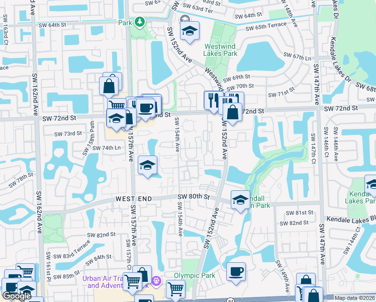 map of restaurants, bars, coffee shops, grocery stores, and more near 7450 Southwest 153rd Place in Miami