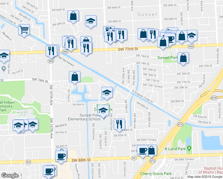 map of restaurants, bars, coffee shops, grocery stores, and more near 7763 Southwest 102nd Place in Miami