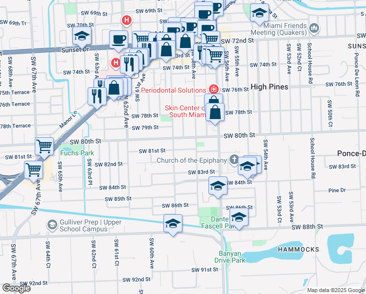 map of restaurants, bars, coffee shops, grocery stores, and more near 5890 Southwest 80th Street in South Miami