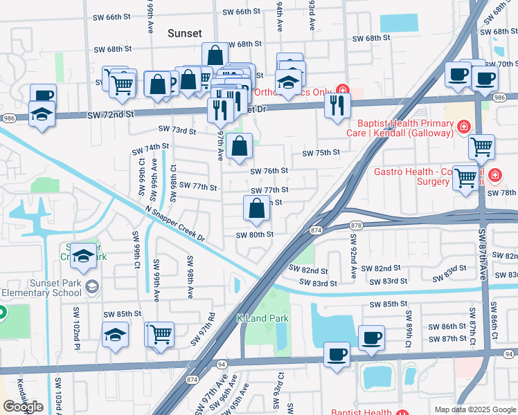 map of restaurants, bars, coffee shops, grocery stores, and more near 9455 Southwest 78th Street in Miami