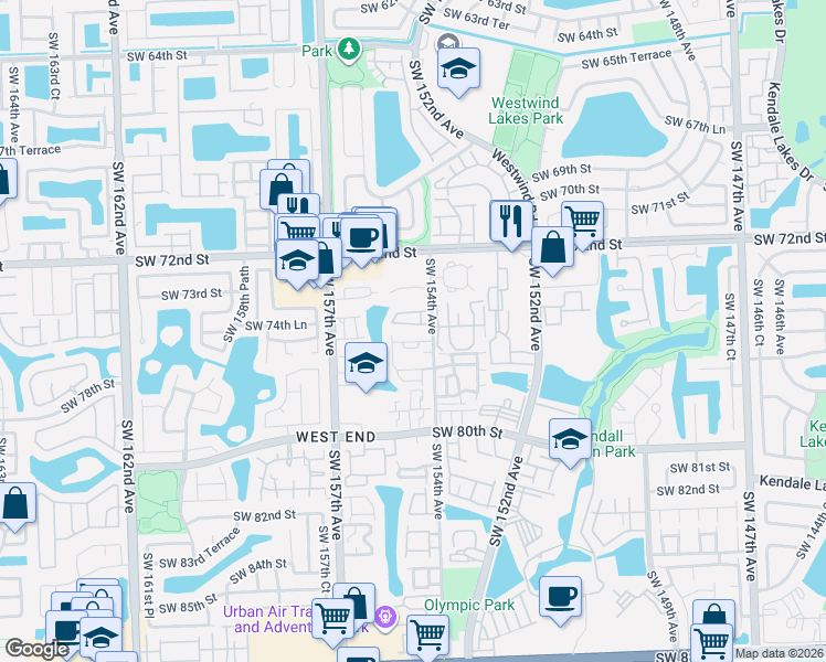 map of restaurants, bars, coffee shops, grocery stores, and more near 1208 Southwest 74th Court in Miami