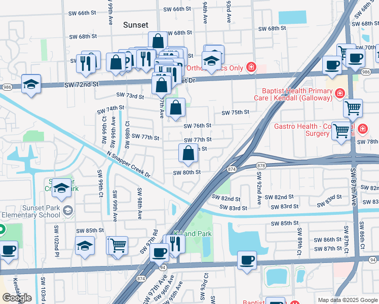 map of restaurants, bars, coffee shops, grocery stores, and more near 9455 Southwest 78th Street in Miami