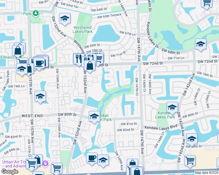 map of restaurants, bars, coffee shops, grocery stores, and more near 14964 Southwest 75th Terrace in Miami