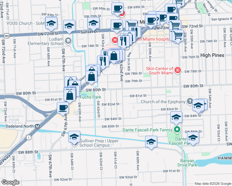 map of restaurants, bars, coffee shops, grocery stores, and more near 6200 Southwest 80th Street in Miami