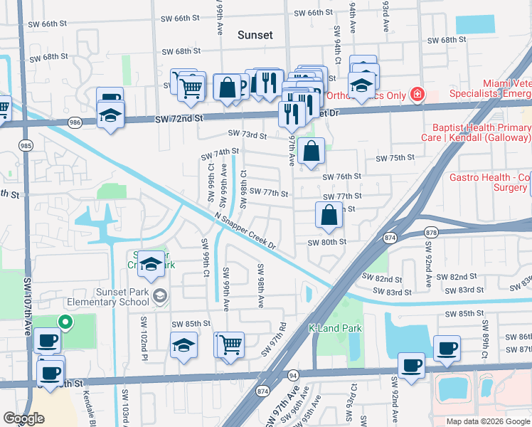 map of restaurants, bars, coffee shops, grocery stores, and more near 9800 Southwest 77th Terrace in Miami