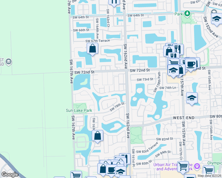 map of restaurants, bars, coffee shops, grocery stores, and more near 7411 Southwest 163rd Court in Miami