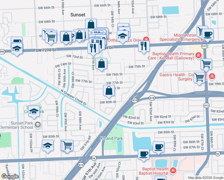 map of restaurants, bars, coffee shops, grocery stores, and more near 9455 Southwest 78th Street in Miami
