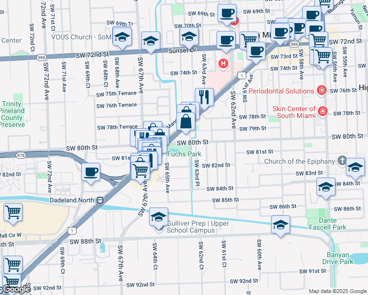map of restaurants, bars, coffee shops, grocery stores, and more near 6410 Southwest 80th Street in South Miami