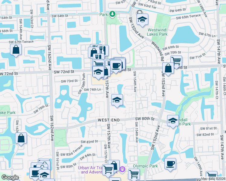 map of restaurants, bars, coffee shops, grocery stores, and more near 14572 Southwest 155th Court in Miami