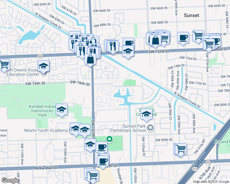 map of restaurants, bars, coffee shops, grocery stores, and more near 7617 Southwest 105th Avenue in Miami