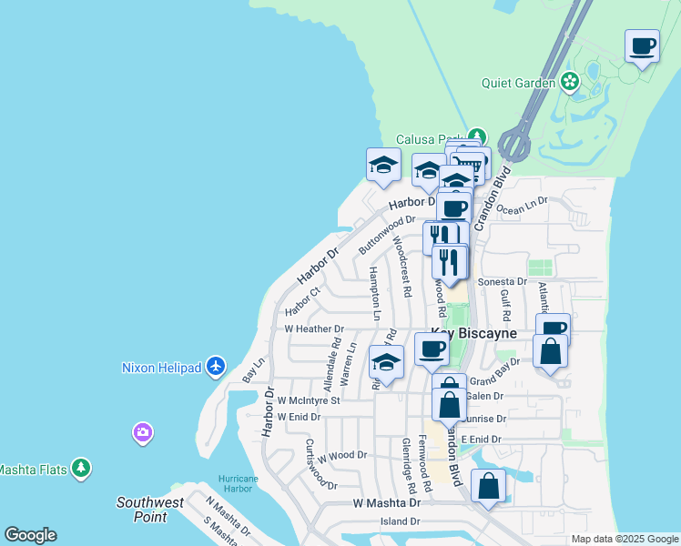 map of restaurants, bars, coffee shops, grocery stores, and more near Cypress Drive in Miami