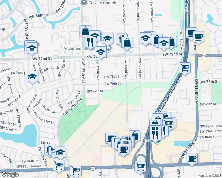 map of restaurants, bars, coffee shops, grocery stores, and more near 12400 Southwest 76th Street in Miami
