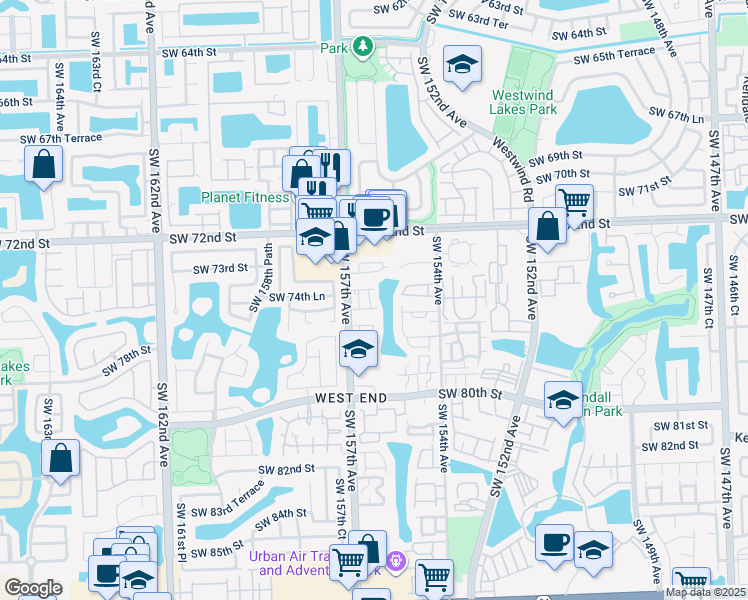 map of restaurants, bars, coffee shops, grocery stores, and more near 15615 Southwest 77th Circle Drive in Miami
